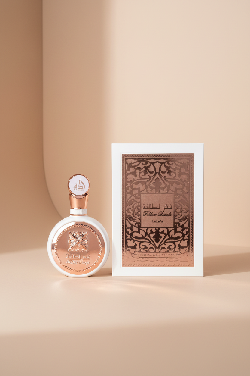 Perfume bottle and packaging with intricate design on a white background