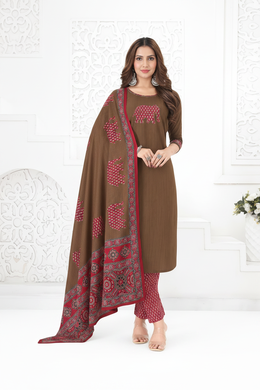 Brown and Red Printed Cotton Kurti Pant Dupatta Set