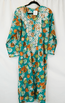 Teal Green Floral Embroidered Chikankari-Style Kurta