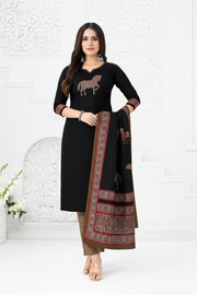 Black Printed Cotton Kurti Set