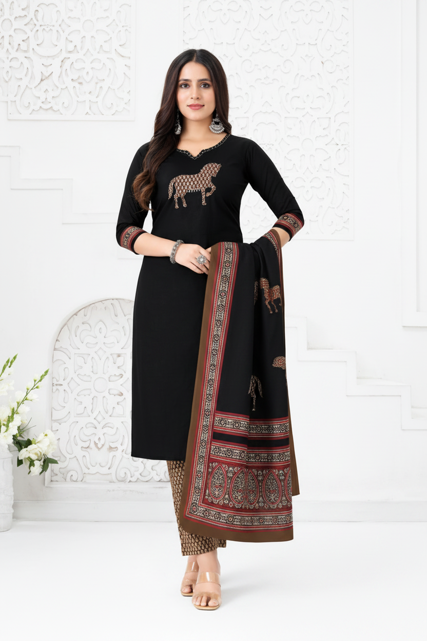 Black Printed Cotton Kurti Set