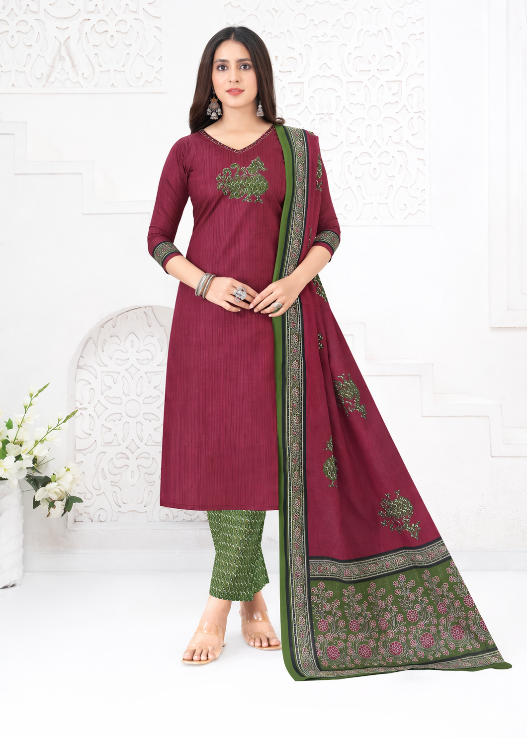 Wine Red Printed Cotton Kurti Set