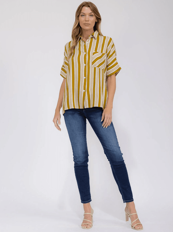 Mustard & White Striped Button-Up Short Sleeve Blouse