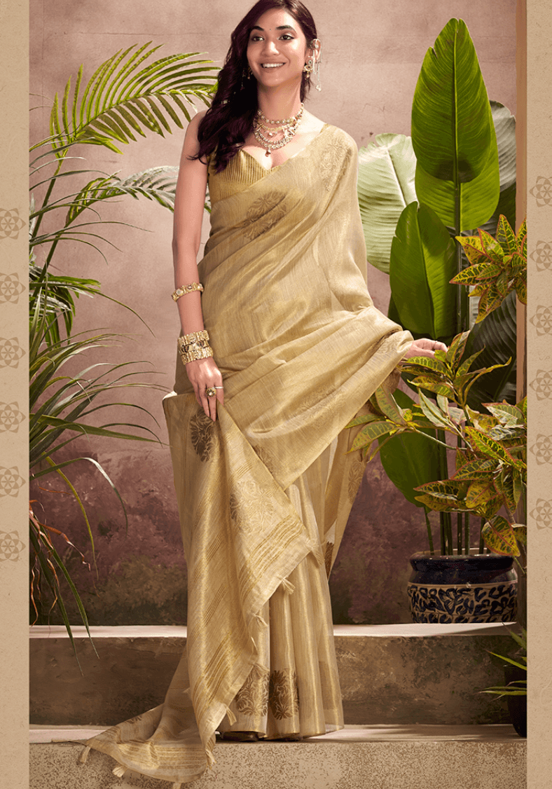 Beige Tissue Silk Weaving Work Saree