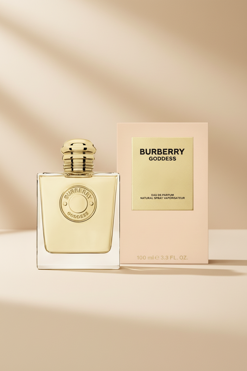 Burberry Goddess perfume bottle and packaging on a white background