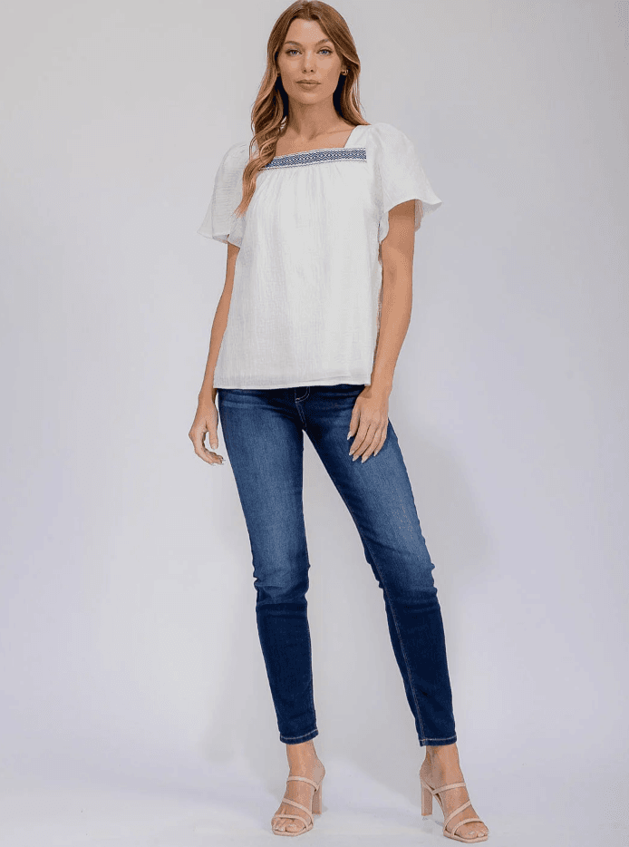 Women’s Short Ruffle Sleeve Square Neck Trim Detailed Tunic Blouse