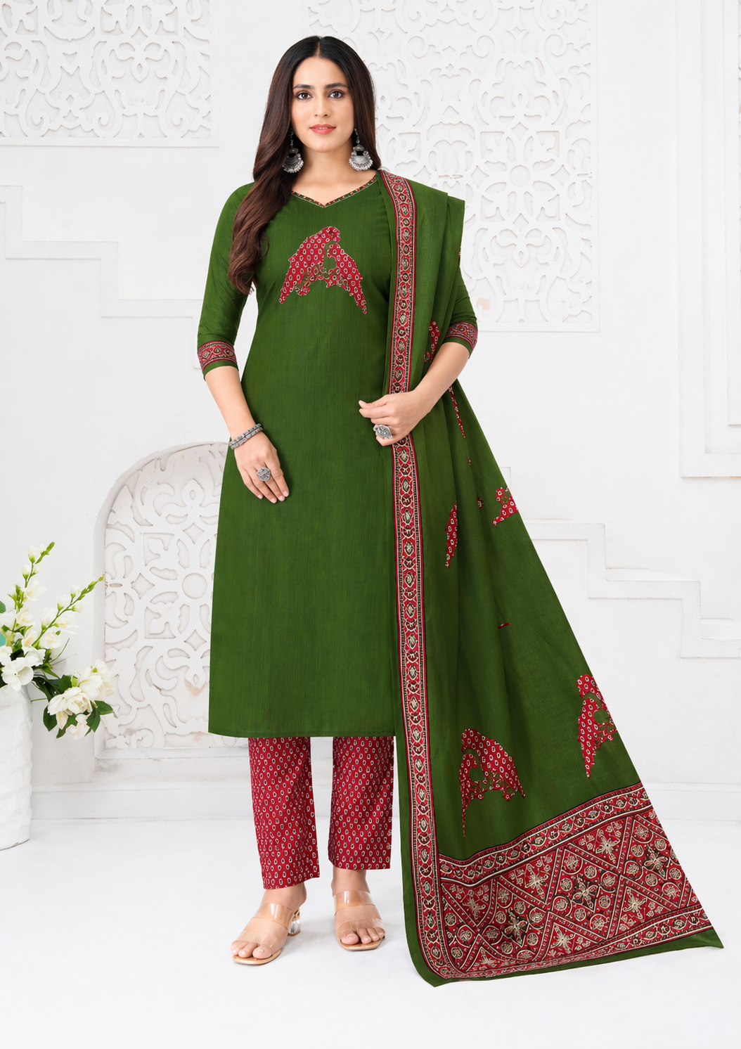 Bottle Green Printed Cotton Kurti Set