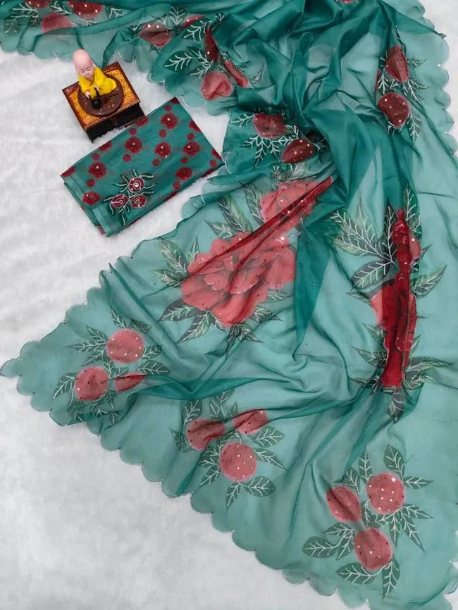 Teal Green with red floral Soft Tabby Organza With Digital Printed Saree