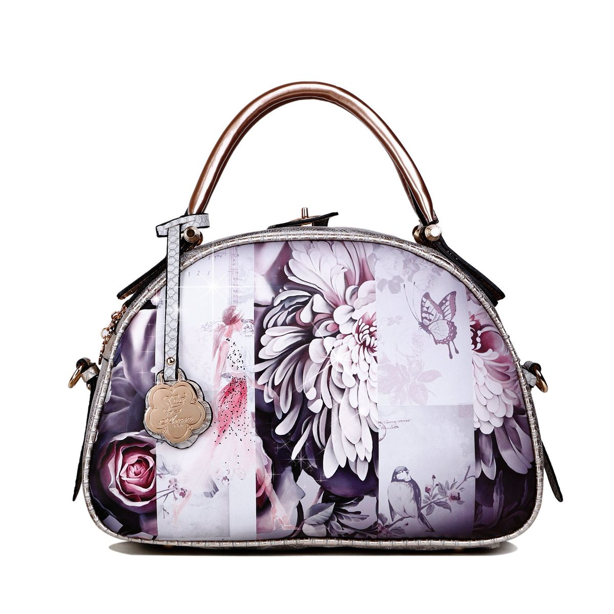 Mauve Floral Print Dome Satchel Bag