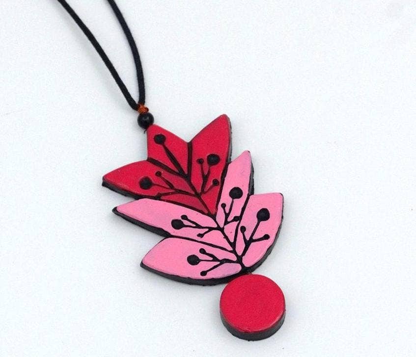 Pink Leaf Maple Jewelry Set | Clay Necklace and Earrings