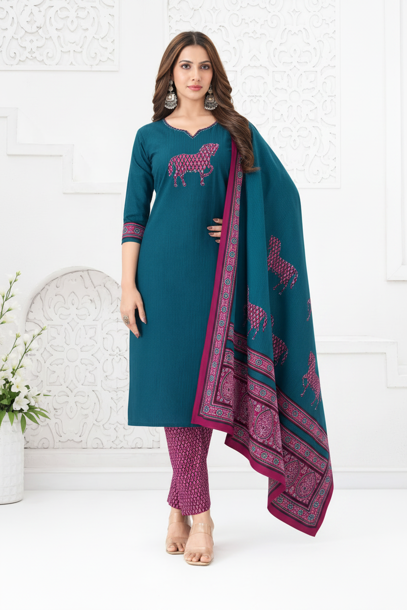 Teal Printed Cotton Kurti Set