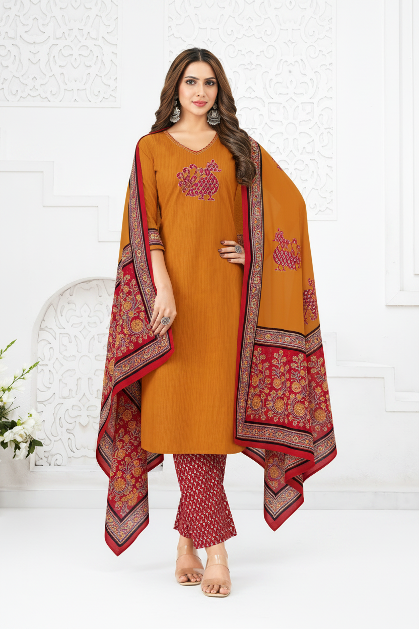 Mustard Printed Cotton Kurti Set