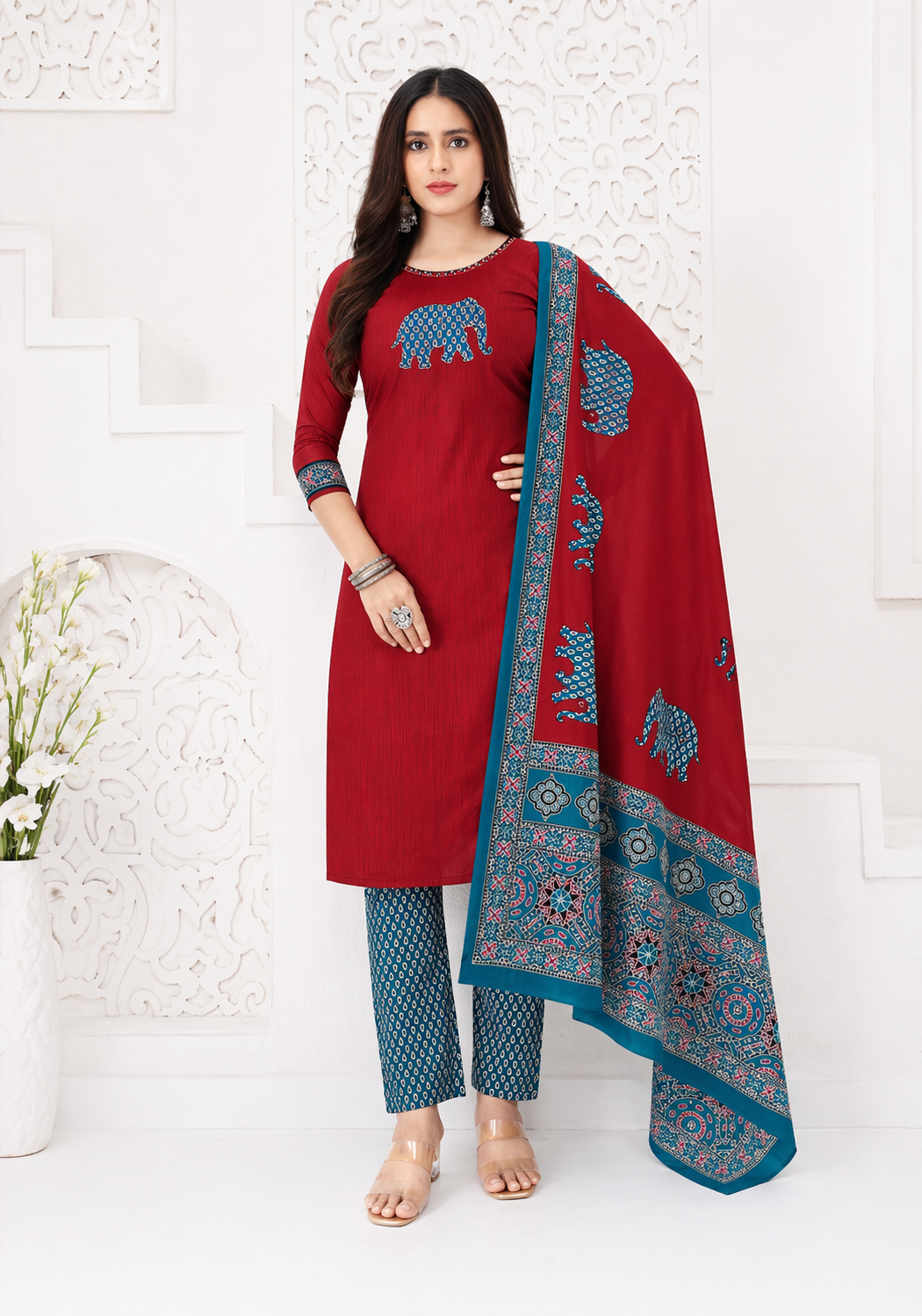 Red Elephant Print Kurta Set with Designer Dupatta