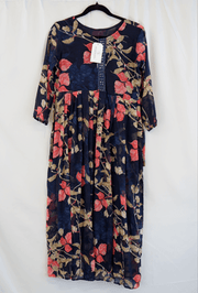 Navy Blue Floral Printed Georgette Dress with 3/4th Sleeves