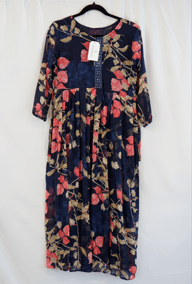 Navy Blue Floral Printed Georgette Dress with 3/4th Sleeves