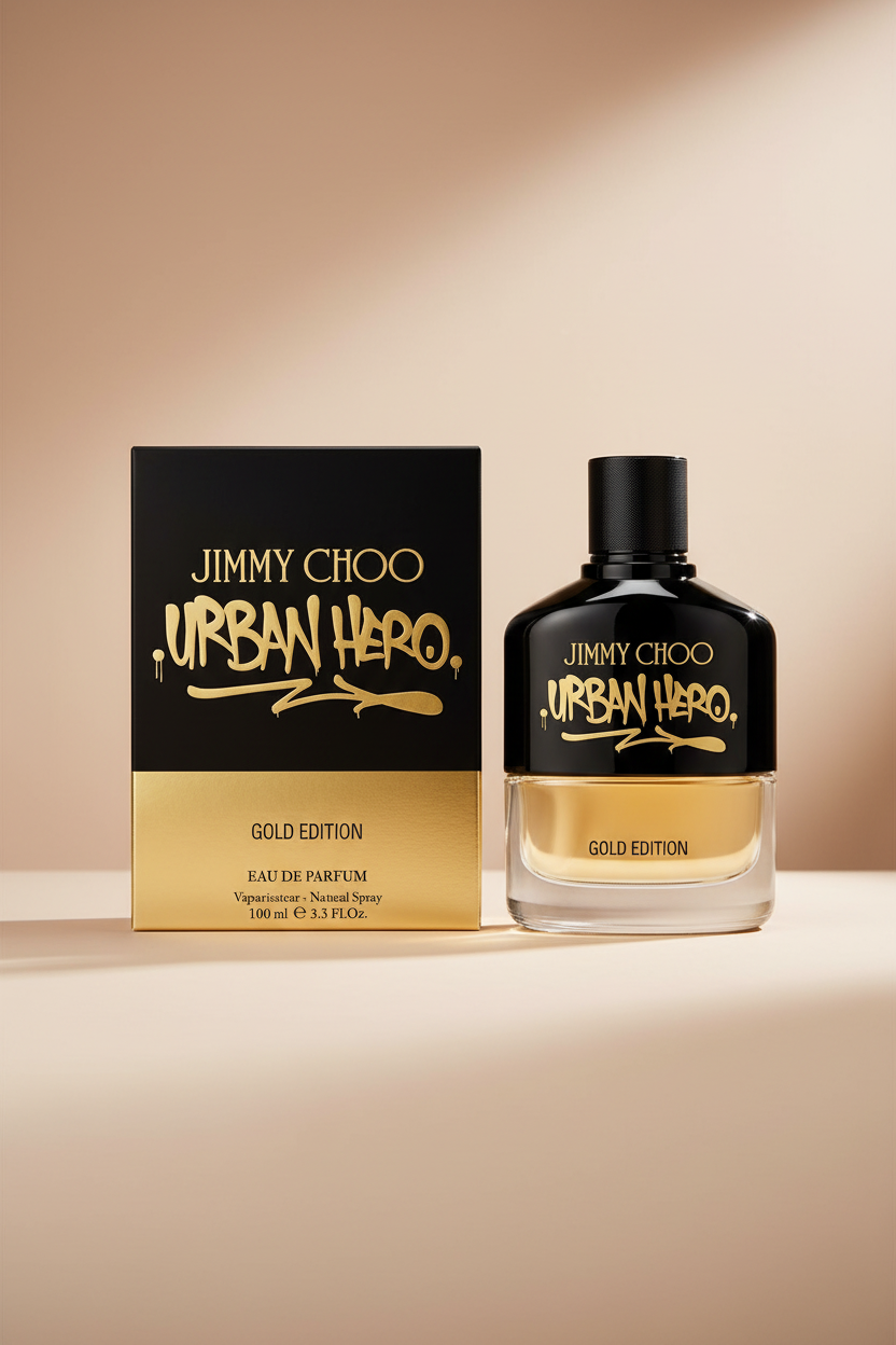 Jimmy Choo Urban Hero Gold Edition perfume bottle and packaging on a white background