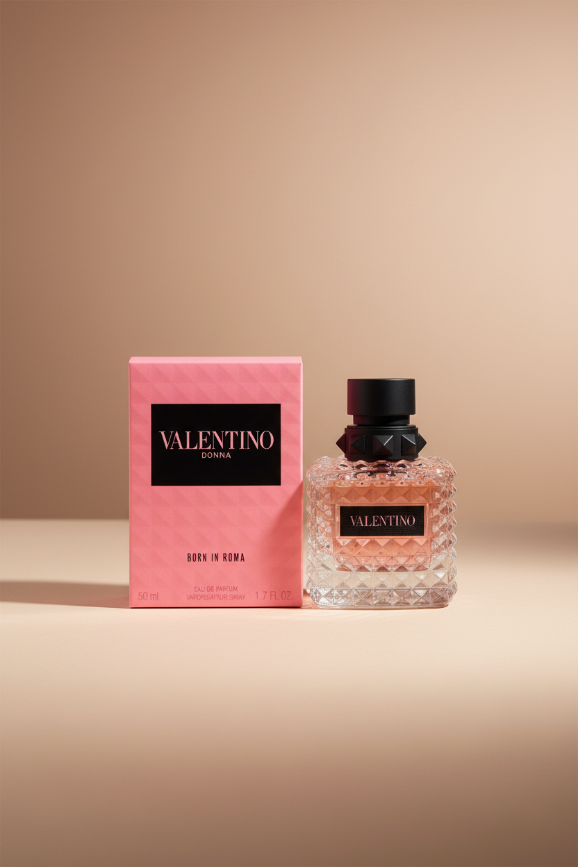Valentino Donna perfume bottle and packaging on a white background