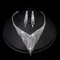 Silver Crystal Tassel Statement Necklace Set