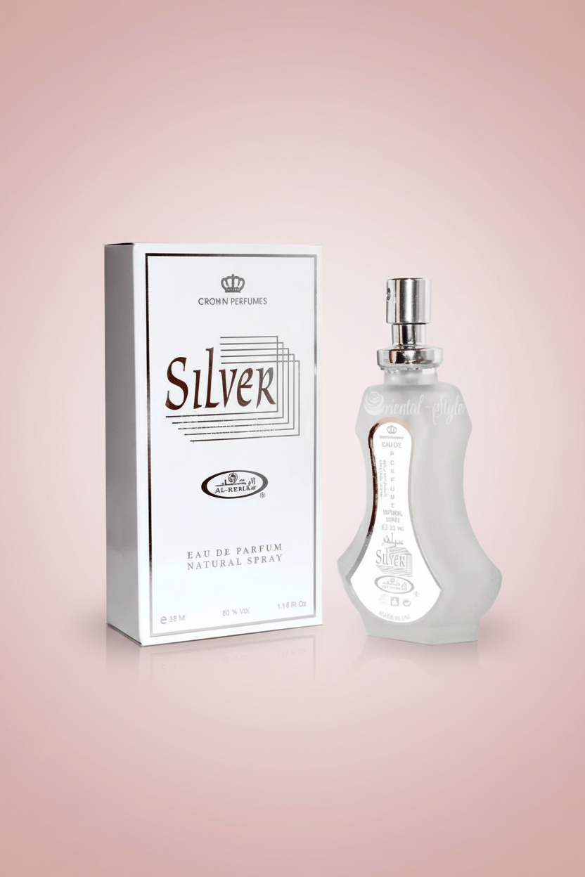 Crown Perfumes Silver Eau de Parfum bottle and packaging on a white background
