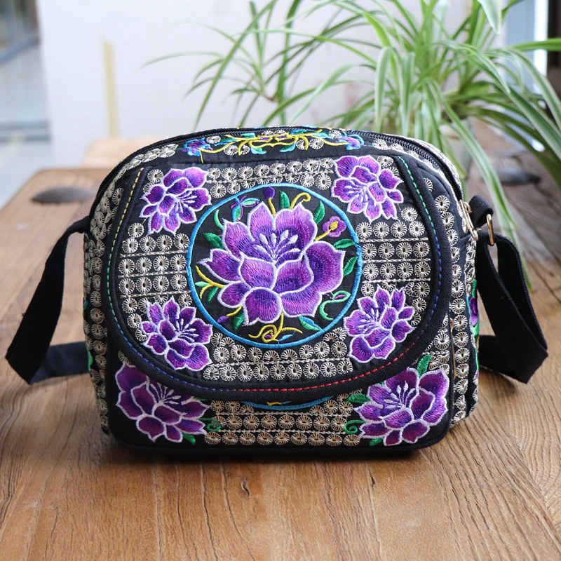 Black Sling Bag with Purple Floral Embroidery