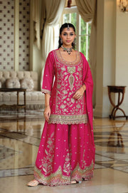 Eba An Fuchsia Pink Heavy Embroidered Kurti Palazzo Set