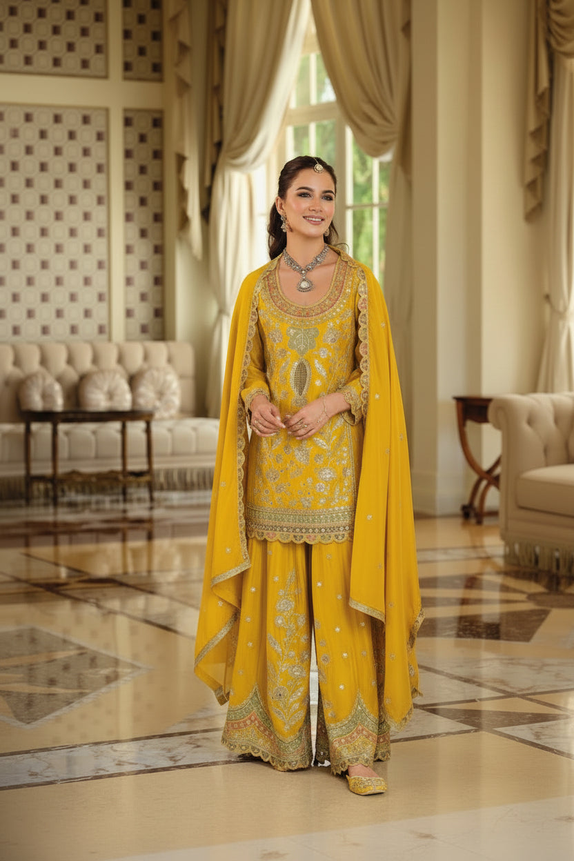 Woman in a yellow traditional outfit with intricate patterns in an elegant room.