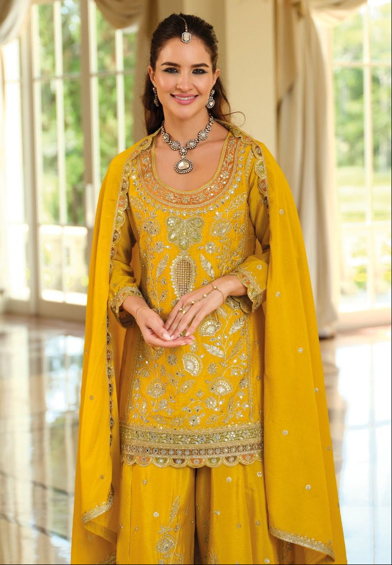 Eba An Mustard Yellow Heavy Embroidered Kurti Palazzo Set