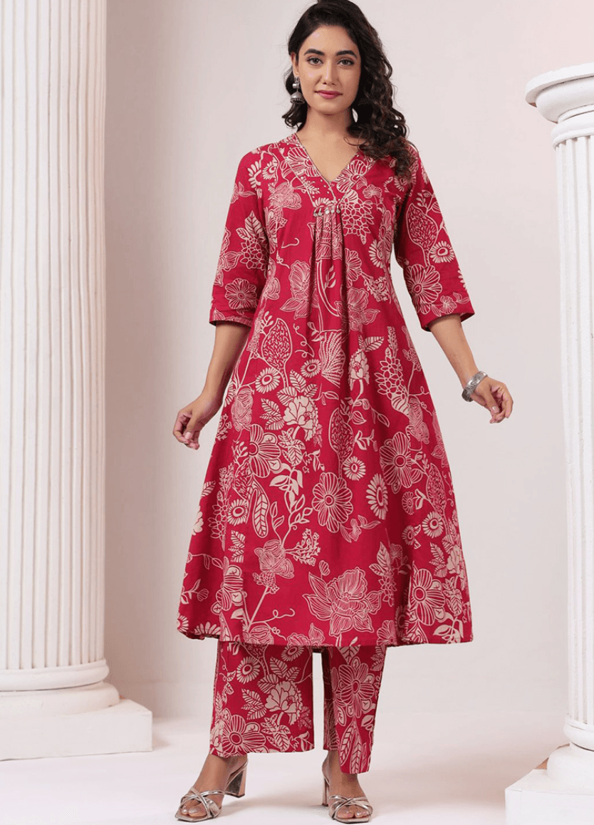 Elegant Pink  Floral Printed A-Line Kurta Set