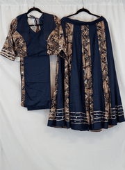 Navy Blue Mirror Work Lehenga Set with Printed Panels and Designer Blouse