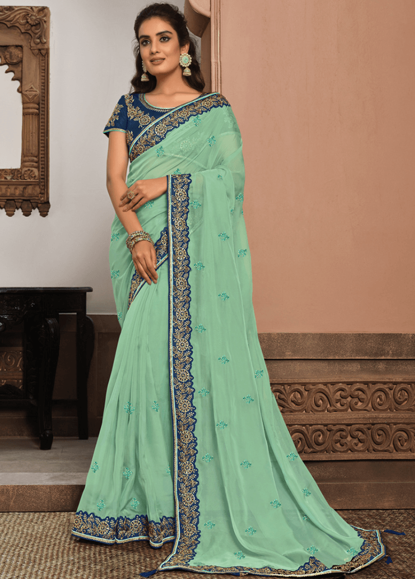Sea Blue Tissue Embroidery Work  Saree
