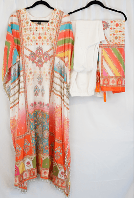 Multicolor Digital Print Kaftan Set with White Pants & Dupatta