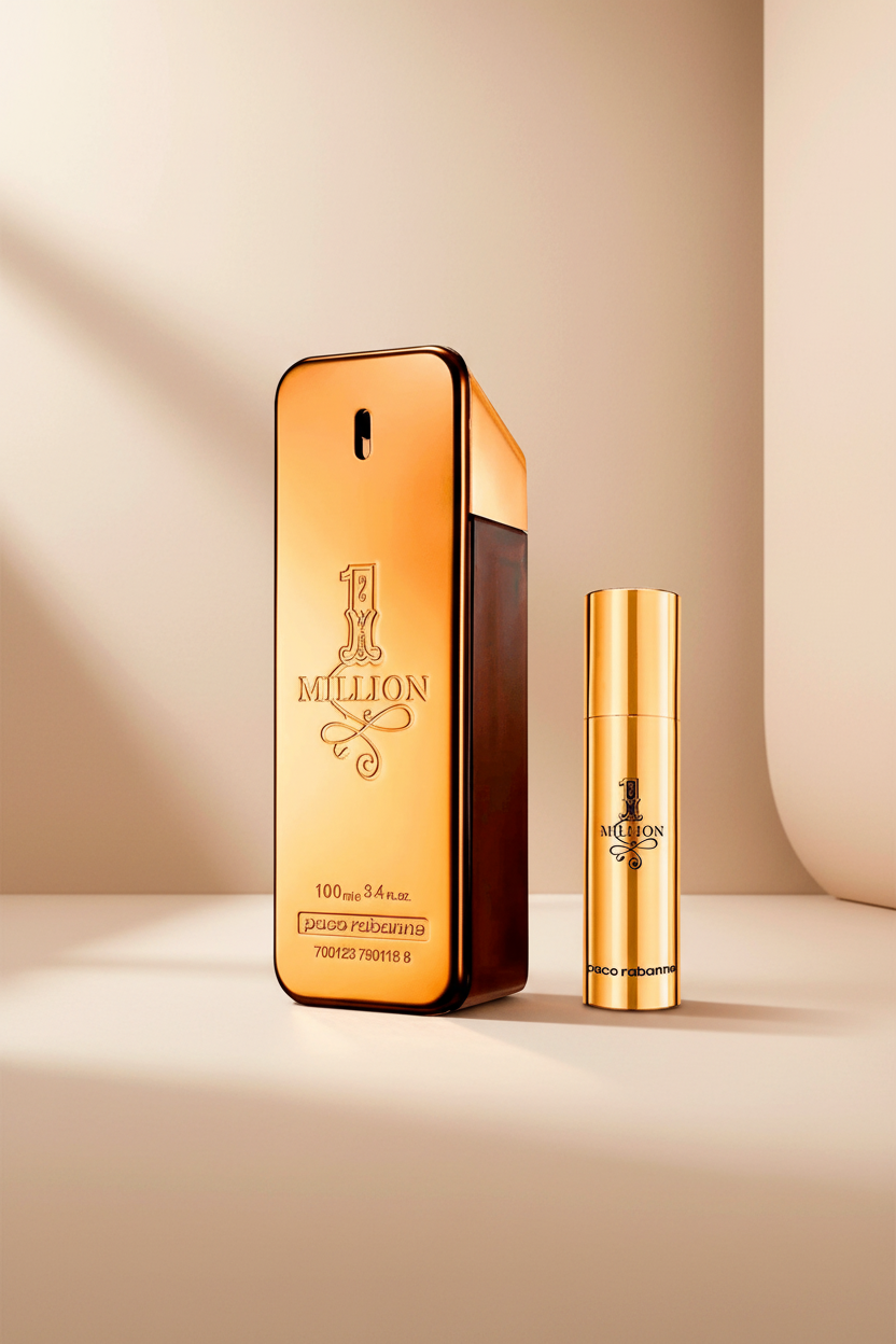 Paco Rabanne 1 Million perfume set with large and small bottles on a white background