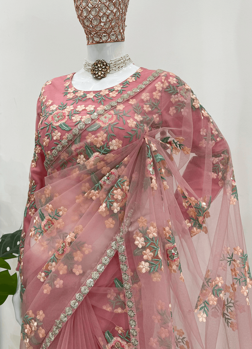 Baby Pink Soft Net Thread Work Saree