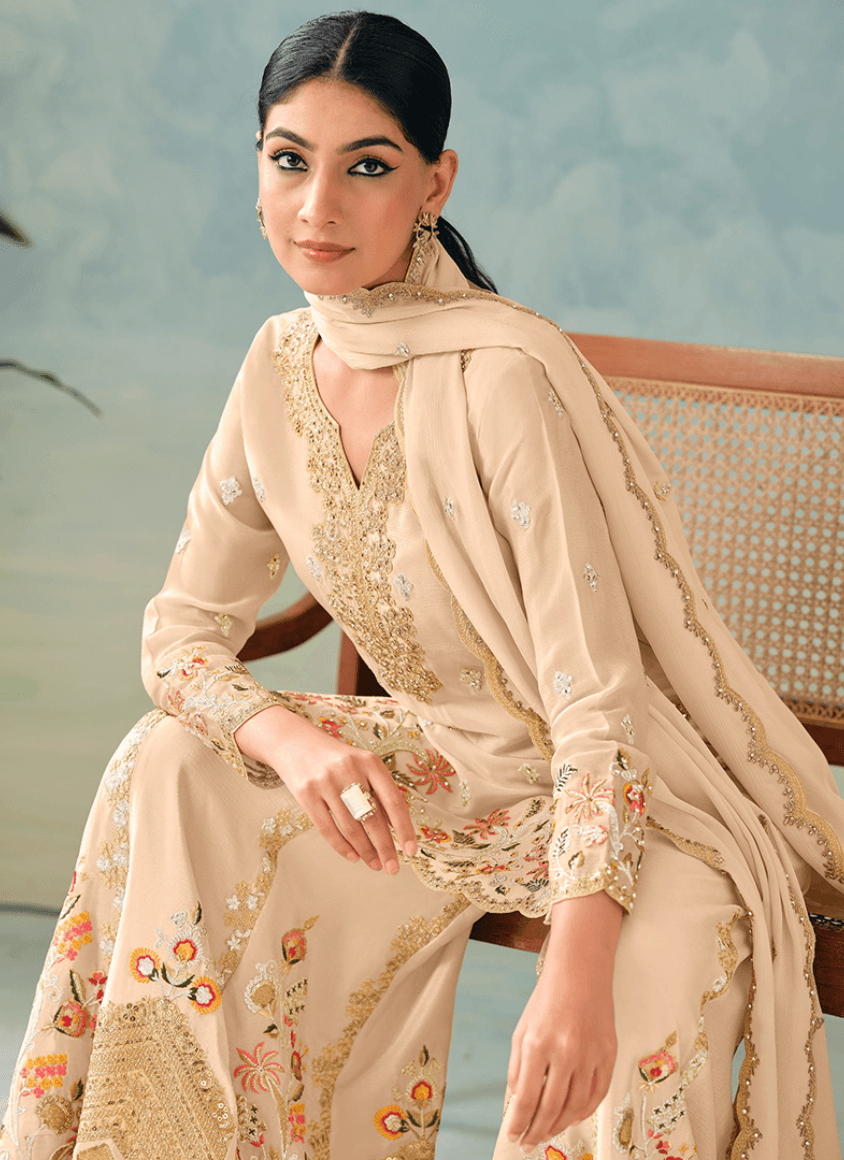 Luxury Beige Embroidered Kurti Sharara Set with Dupatta