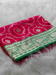 Vibrant Magenta Rich Green Border Premium Banarasi Silk Saree
