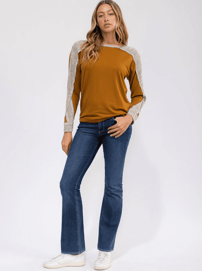Mustard Brown Long Sleeve Knit Panel Top