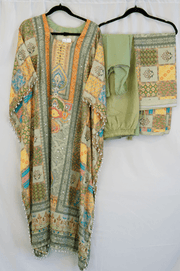 Olive Green Printed Kaftan Set with Mirror Embellishments and Matching Dupatta