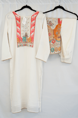 Ivory Embroidered Kurta Set with Multicolor Mirror Work Yoke