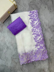 White with Violet Thread Work Organza Saree