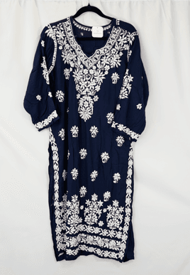 Navy Blue and White Hand Embroidered Chikankari Kurti