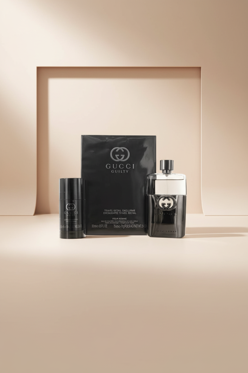 Gucci Guilty perfume set with bottle and packaging on a white background