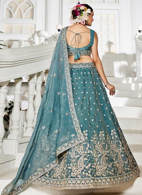 Sea Green Tisuue Sequin Work Wedding Wear Lehenga Choli