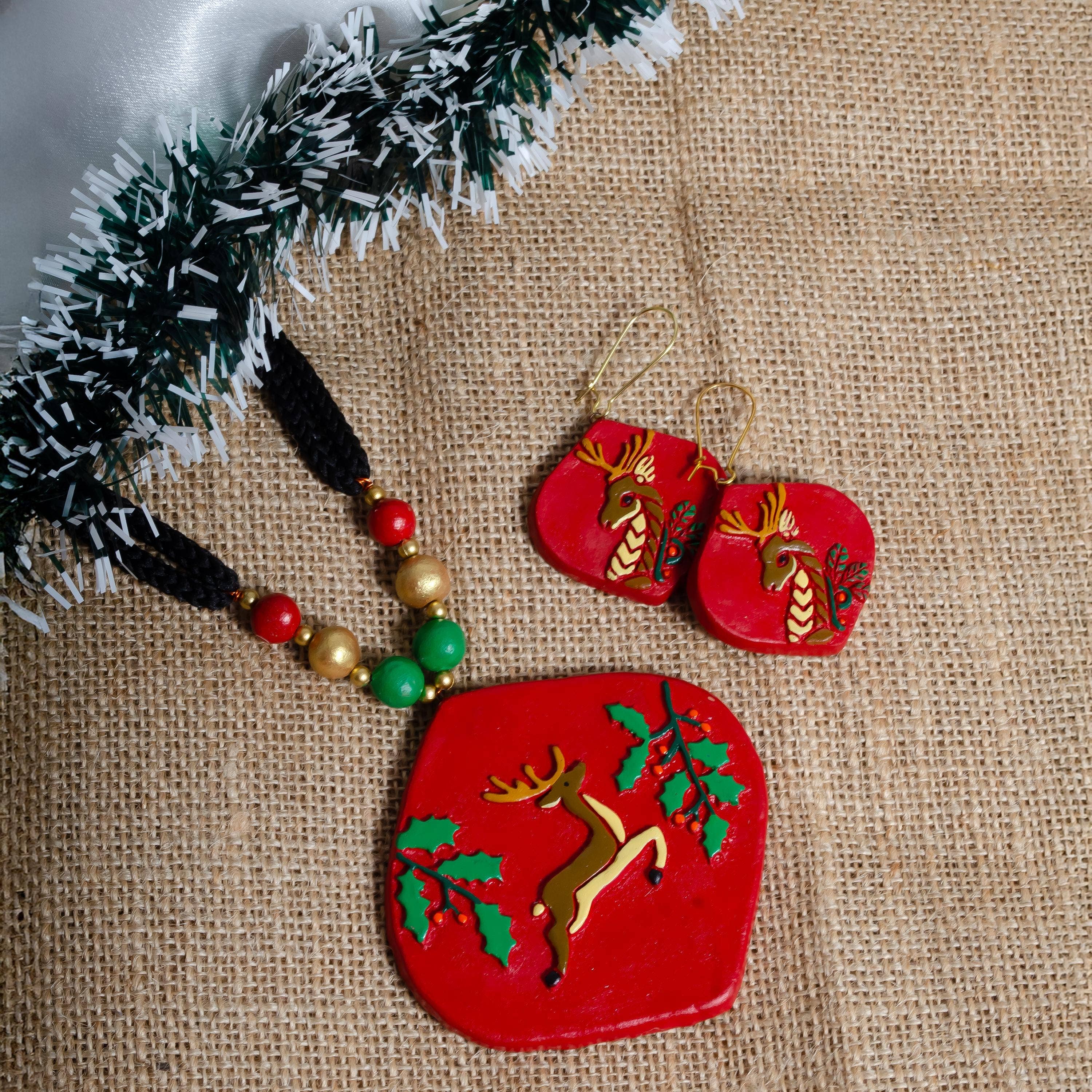 Reindeer & Leaf Jewelry Set |Clay Jewelry |Christmas Jewelry