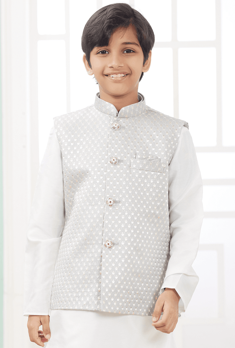White Art Banarasi Silk Printed Readymade Kids Kurta Pajama