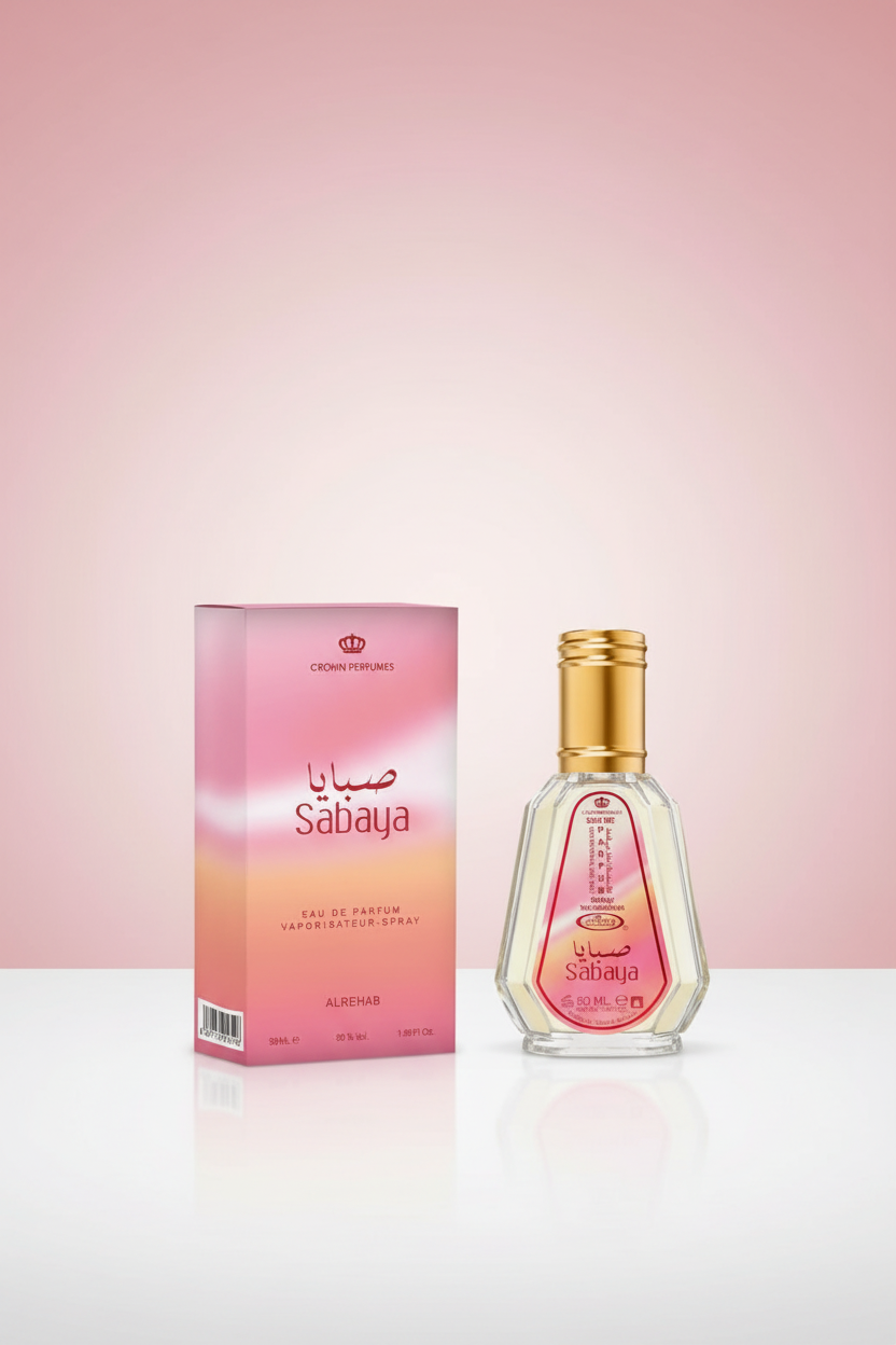 Sabaya perfume bottle and packaging with gold cap on a white background