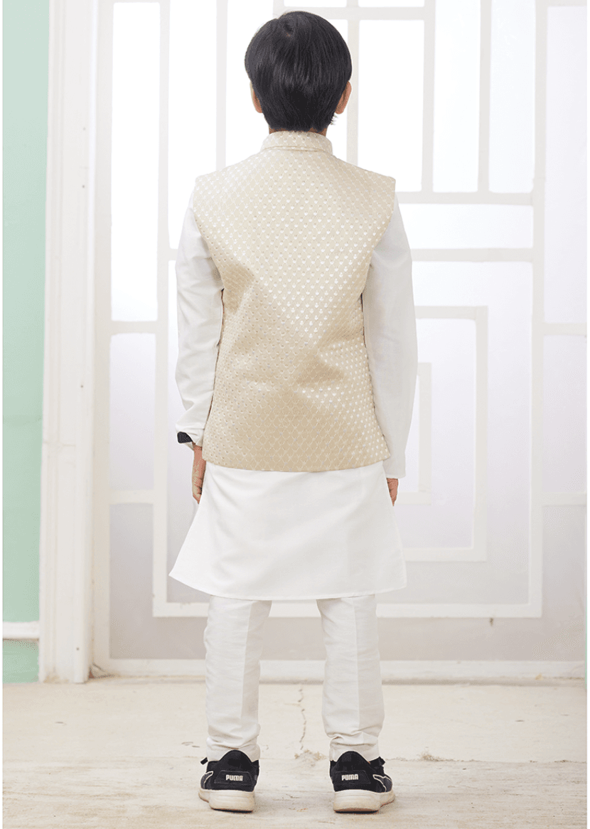 Cream Art Banarasi Silk Printed Readymade Kids Kurta Pajama