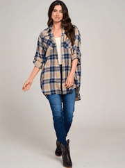 Beige & Navy Plaid High-Low Open Back Button-Up Shirt