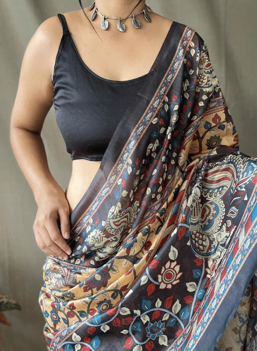Beige & Black Kalamkari Printed Saree with Contrast Border
