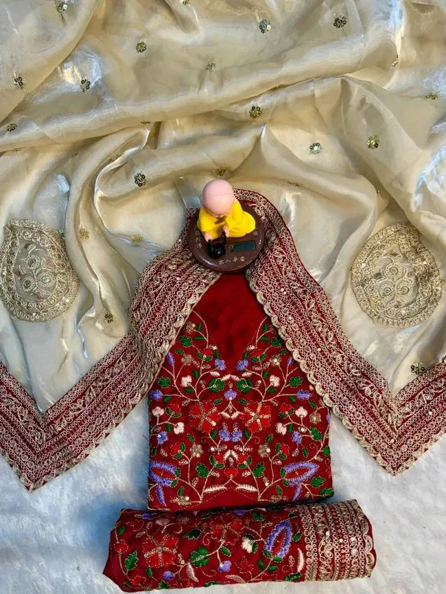 Regal Cream Saree with Embroidered Red Border