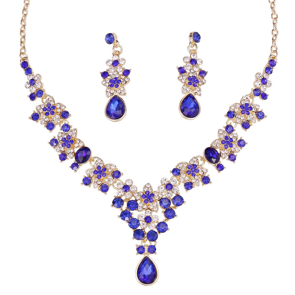 Royal Blue Floral Crystal Necklace & Earrings Set